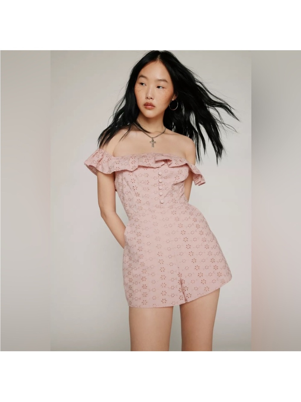 Kimchi Blue Jeena Off-Shoulder Eyelet Romper in Blush Pink
